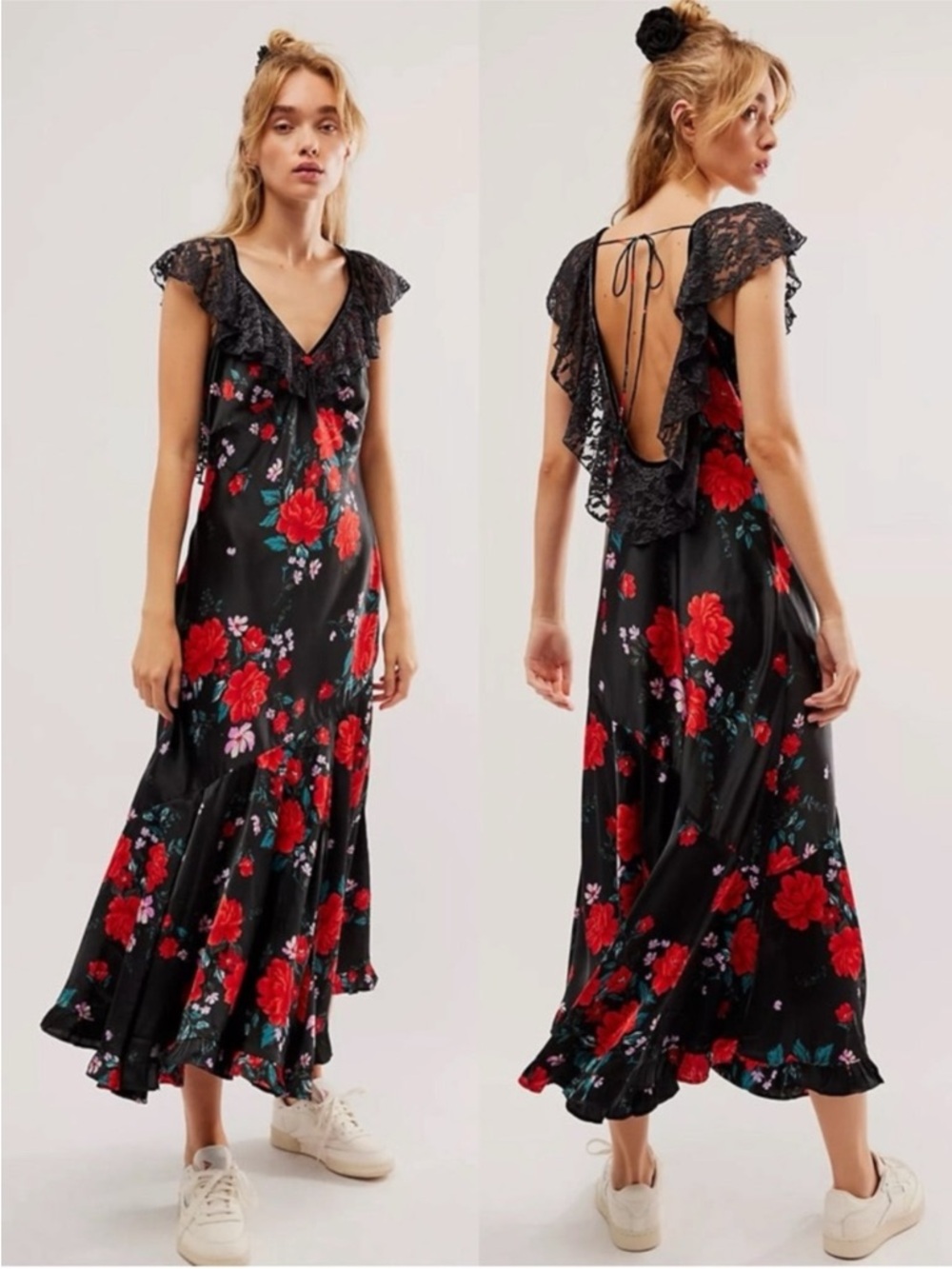 Free People Warm Hearts Midi Dress Black Satin Floral Print with lace trim